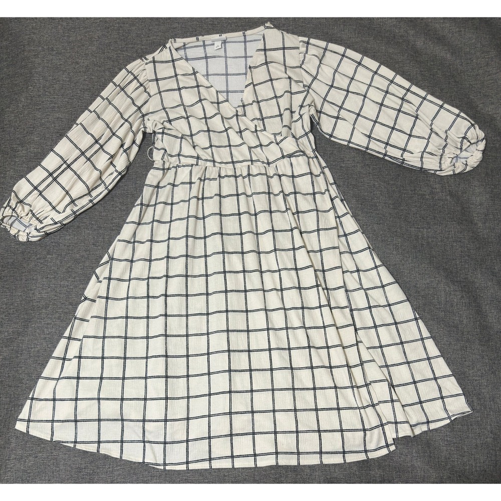 Ava & Viv Womens 1X Midi Dress Cream White Black Windowpane Plaid Long Sleeve